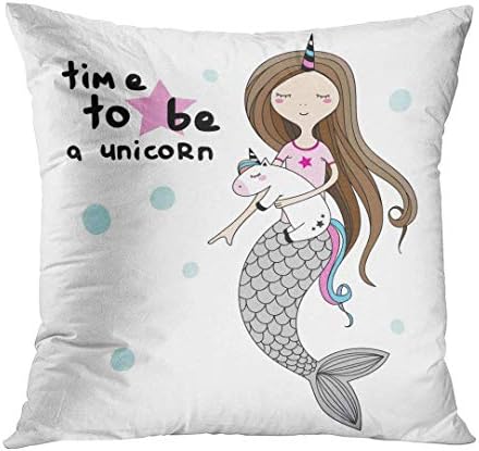 hanbaozhou Little Mermaid with Horn and Plush Toy Is Dreaming About Being Unicorn Girlish for Mugs Wall Text Time Decorative Pillow Case Home Decor Square 18x18 Inches Pillowcase