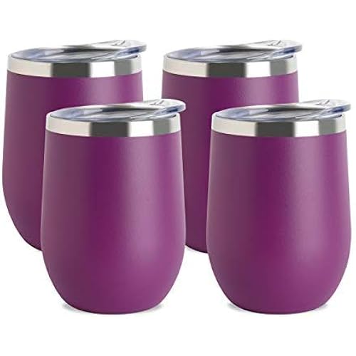 Jearey Stemless Wine Glass Tumbler 12 oz Stainless Steel Double Wall Vacuum Insulated Wine Cup with Lid Travel Friendly (4 Pack, Hot Pink)