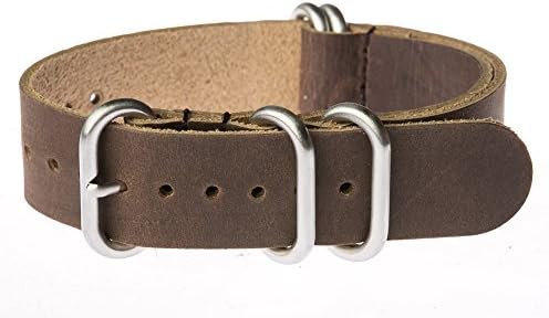 OhFlash 24mm [Brown Leather] Zulu G10 Nylon Nato Militaty Watch Strap with Polished Stainless Steel Rings