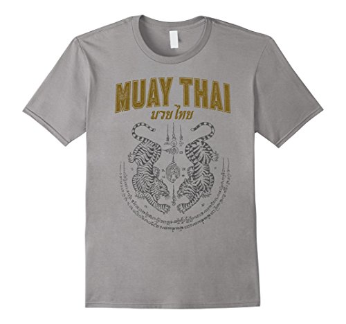 Mens Twin Tiger Sak Yant Muay Thai T-Shirt Large Slate
