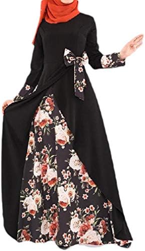 VITryst Womens Bowknot Ethnic Style Slim Fitted Floral Printed Muslim Abaya