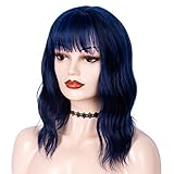 Goodly Navy Blue Short Wigs with Air Bangs for Women Synthetic Heat Resistant Fiber Wavy Wigs Cosplay Women's Blue Wigs 14 Inch (Blue Mixed Black)