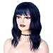 Goodly Navy Blue Short Wigs with Air Bangs for Women Synthetic Heat Resistant Fiber Wavy Wigs Cosplay Women’s Blue Wigs 14 Inch (Blue Mixed Black)