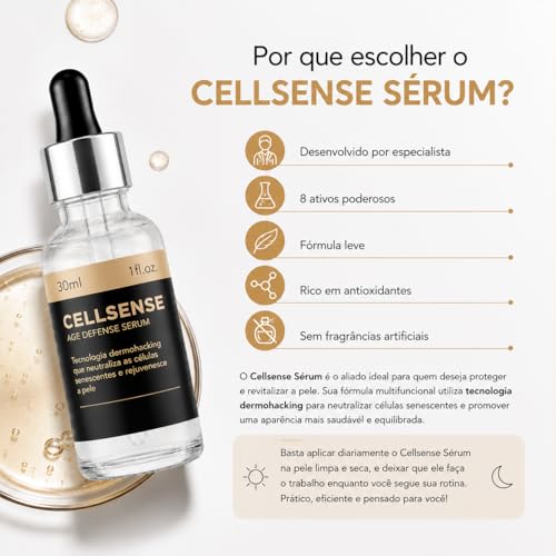 Cellsense Sérum Facial Rejuvenescedor Cell Sense Tecnologia Dermohacking Anti-idade Hidratação Pele Uniforme Textura Leve Rápida Absorção Cuidados Faciais Diário 30ml