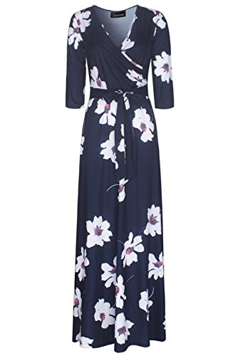 Zattcas Womens 3/4 Sleeve Floral Print Faux Wrap Long Maxi Dress with Belt (X-Large, Navy White Printed)