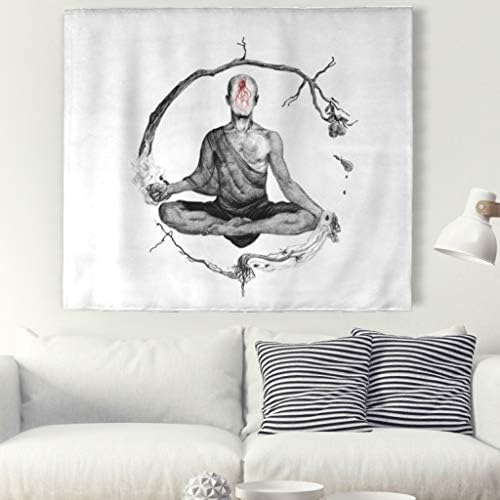 Monochrome Spiritual Monk Meditation Painting Wall Tapestry Zen Mandala Wall Hanging Sketched Monk Jellyfish Wall Art Tapestry Boho Hippie Beachthrow Curtain Wall Blanket Tablecloth white 150x130cm