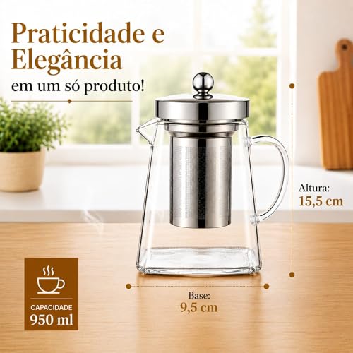 Chaleira de Vidro Borossilicato com Infusor Removível e Tampa em Aço Inox – Bule de Chá 2 em 1, Jarra de Vidro com tampa, para Chá e Infusões, Bebidas Quentes e Frias - Presente Sofisticado (950ml)