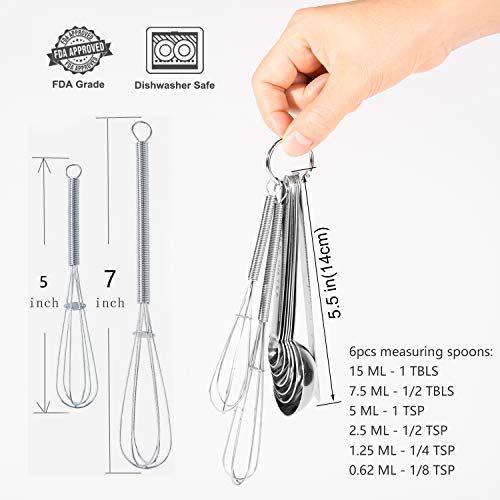 Measuring Spoons, Stainless Steel Measuring Spoons Set for Measuring Dry and Liquid Ingredients Great for Cooking Baking, Tablespoon Teaspoon Metal Measuring Spoon with Leveler/Mini Whisk, Set of 9
