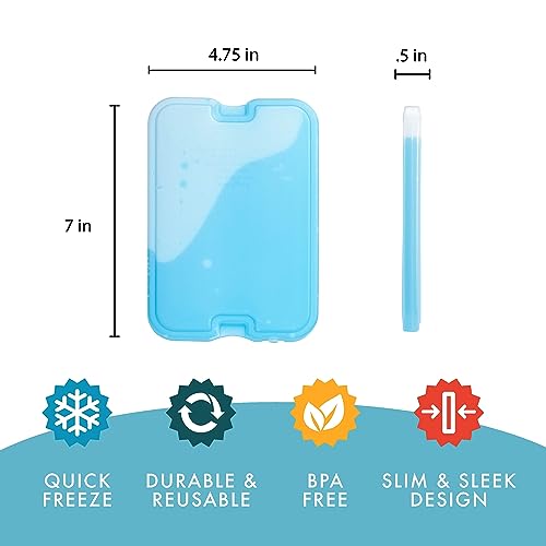 Cool Coolers by Fit & Fresh 4 Pack XL Slim Ice Packs, Quick Freeze Space Saving Reusable Ice Packs for Lunch Boxes or Coolers, Blue