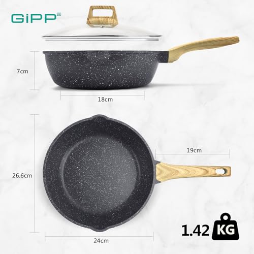 GiPP Nonstick Deep Frying Pan - 24cm Saute Pan with Lid Granite Induction Cookware, Non Stick Woking Pan Skillet, Dishwasher Safe, PFOA PFOS APEO Free (Gray)