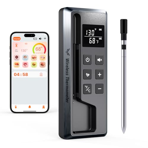 Wireless Meat Thermometer Digital, 800FT Long Range Bluetooth Cooking Thermometer, Food Thermometer for Remote Monitoring of Grill, Oven, Smoker, Air Fryer, Rotisserie, iOS & Android App