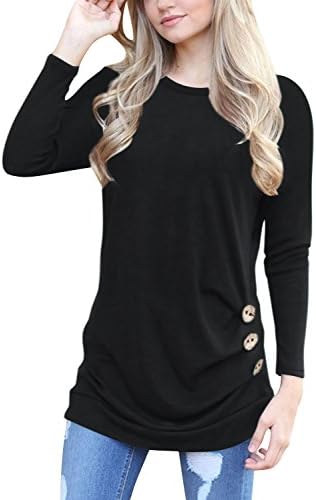 Mixmax Women Long Sleeve Loose Button Trim Blouse Solid Color Round Neck Tunic T-Shirt Top (XX-Large, Black)