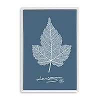 Framed Canvas Wall Art - White Leaf on Grayish-Blue Background - Canvas Prints Home Artwork Decoration for Living Room,Bedroom - 16x24 inches