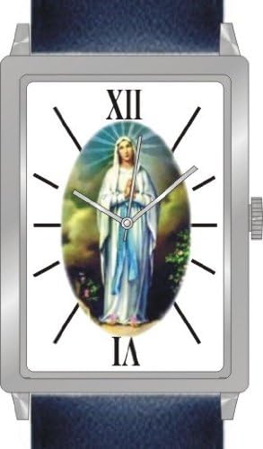 "Virgin Mary" Is the Inspirational Image on the Dial of the Unisex Size Polished Chrome Rectangle Case with Navy Blue Leather Strap
