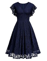 MISSMAY Vestido de cóctel con cuello en V y volantes de encaje floral vintage para mujer