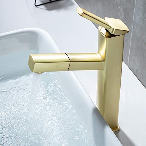 KAIYING Bathroom Pull Down Vessel Sink Faucet, Lavatory Single Hole Basin Sink Faucet with Pull Out Sprayer, Single Handle Utility Kitchen Mixer Tap with Rotating Spout, Brass (Tall, Brushed Gold) - Thumbnail 3