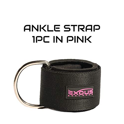 EXOUS Bodygear Ankle Straps Cable Attachments - Padded Ankle Cuffs - Thick 10mm Padded D-Ring - for Glute - Leg & Gym Machine Workouts (Pink Logo Single)