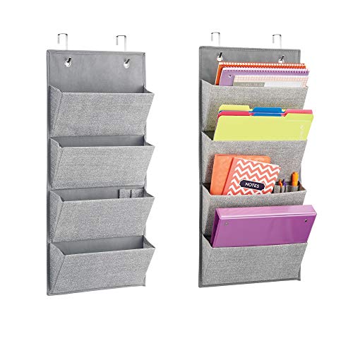 mDesign Over The Cubical Wall Mounting Hanging Fabric Office Supplies Storage Organizer for Notebooks, Planners, File Folders for Home Office Work- Pack of 2, 4 Pockets, Gray