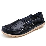 Fantiny Women's Genuine Leather Loafers Casual Moccasin Driving Shoes Indoor Flat Slip-On SlippersMMX2-Black-41