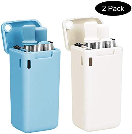 Collapsible Reusable Straws Stainless Steel Drinking Straws Premium Food-Grade Foldable Silicone Straw 2 Pack (White/Blue)