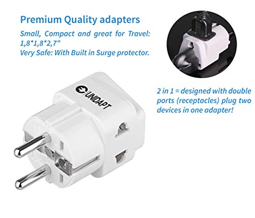 European Plug Adapter, Unidapt Adapters for Europe, 2 in 1 input - EU Travel Plug Power Adapter, Schuko type E-F Outlet Wall Chargers, Euro, France, Germany, Spain (3 piece) - Thumbnail 2