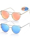 Elimoons Sunglasses for Women Cat Eye Mirrored Flat Lenses Metal Frame Fashion Sunglasses UV 400, Non-Polarized