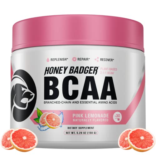 Honey Badger BCAA Amino Acids Powder Vegan Keto Pink Lemonade BCAAs + EAA for Men & Women