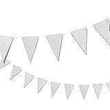 Silver Party Banner Triangle Garland - Vintage Elegant Party Supplies Bunting Flags Decorations for Birthday Parties, Weddings, Baby Showers - Size Small - 3.75 x 5.5 Inch Flags, 10 Ft Length