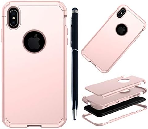 Edauto iPhone XS Max Case, iPhone Xs Max 2018 Case 3 in 1 [Hard Back + Soft Inner + Hard Front] Protective Cover Simple Skin Shockproof Bumper Shell with Stylus Pen for iPhone XS Max 6.5'' - Rose Gold