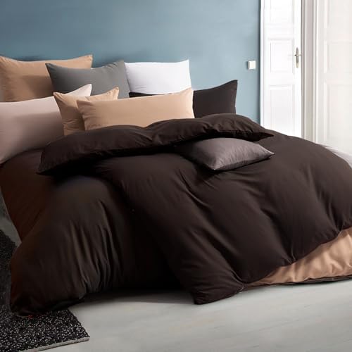 Soifox Bettwäsche 155x220 4teilig Braun - 2 Bettbezüge 155x220 + 2 Kissenbezüge 80x80 Weich und Bügelfrei Mikrofaser mit Reißverschluss (4 TLG. 155 x