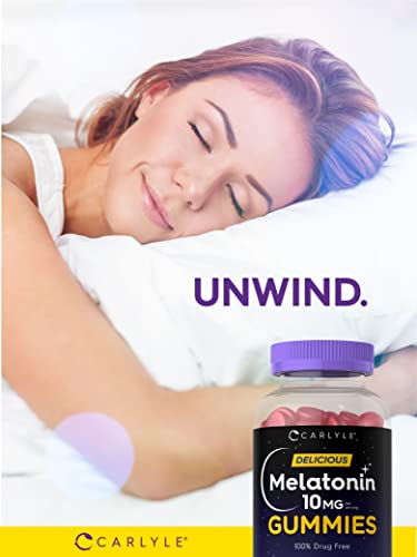 Melatonin Gummies 10mg | 180 Count | Adult Drug Free Aid | Natural Berry Flavor | Vegan, Non-GMO, Gluten Free | by Carlyle