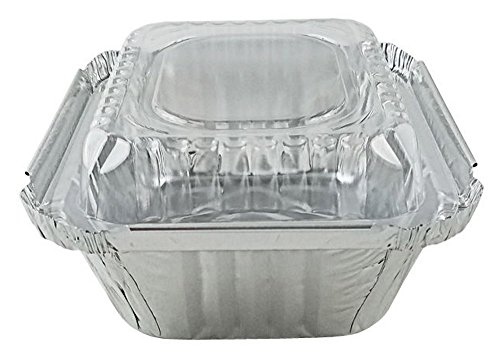 Pactogo 1 lb. Oblong Deep Aluminum Foil Take-Out Pan with Clear Plastic Dome Lid Disposable Containers 5.56" x 4.56" x 1.62" (Pack of 25 Sets)
