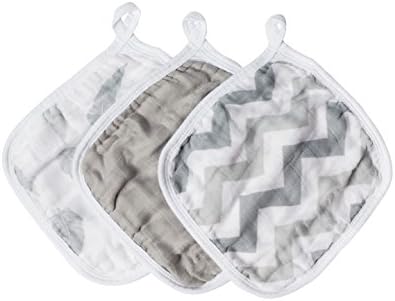 Bamboo Muslin Washcloths - 3 Pack - Gray Feather Chevron - Softest Muslin Washcloths by Cozy Babe