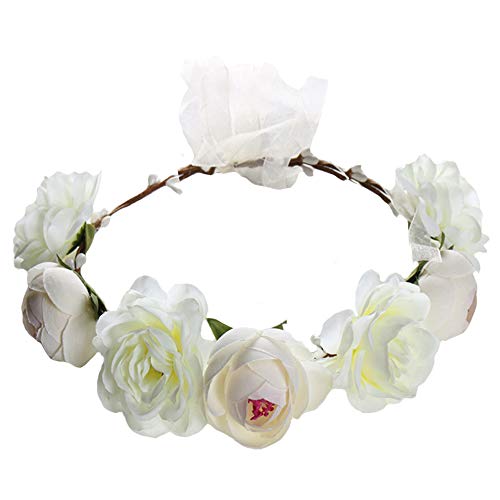 Flower Crown Headband Rose Wreath Garland Hair Bands Floral Wedding Bridal Hair Hoop Women Girls Leaf Ribbon Party Decoration Headdress Headwear Christmas Handmade Headpiece Hair Accessories White