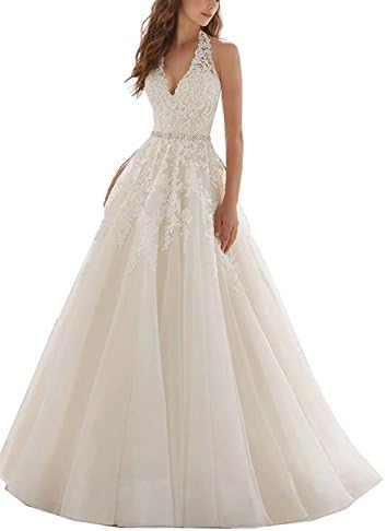 MJBridal Halter A Line Wedding Dress Open Back Lace Bride Bridal Gown