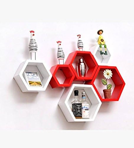 Orril Hexagon Shaped Storage Wall Shelves for Home (White-Red,Set of 6)(Make in India)