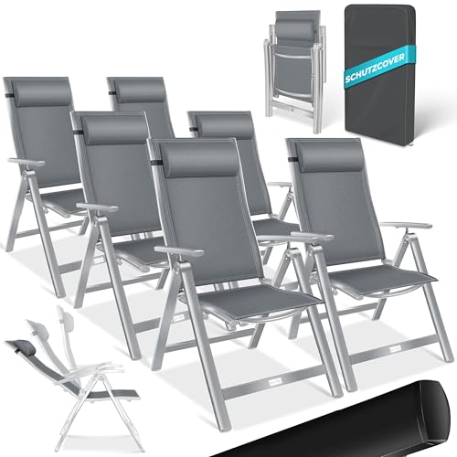 KESSER® Gartenstuhl Hochlehner mit Armlehnen 6er Set Aluminium Klappstuhl mit Kopfkissen & Abdeckung Campingstuhl 7-Fach Verstellbar Rückenlehne Atmun