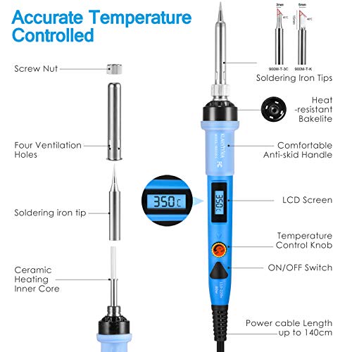 Soldering Iron Kit, 80W Digital LCD Soldering Iron with Solder Tips/Sucker/Wire, Wire Cutter, Screwdrivers, Voltage Tester, Tweezers, Brass Coil Ball, Stand, PU Bag, Fast Heating Thermostatic Design