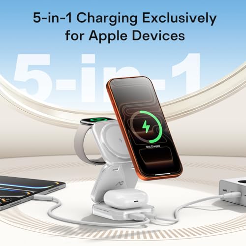 5-in-1 Wireless Charger for MagSafe, AC ISLAND Portable Travel Charging Station, 35W Max Qi2 Fast Foldable Magnetic Stand, Evolved for iPhone 17-12 Series, Apple Watch, AirPods (with 35W Adapter)
