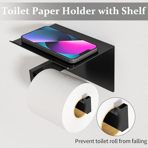 Bathroom Towels Holders Set, 5 Piece Bathroom Hardware Set, 16''Towel Bars, Matte Black Stainless Steel Wall Mounted Towel Racks Set, Towel Ring, Robe Towel Hooks, Toilet Paper Holder with Phone Shelf