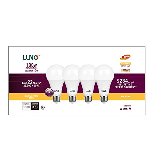 LUNO A21 Dimmable LED Bulb, 15W (100W Equivalent), 1600 Lumens, 4000K (Neutral White), Medium Base (E26), UL Certified (4-Pack)