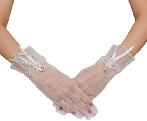 Gotidy Short Wrist Length Pearl Beaded Bridal Wedding Gloves For Women White