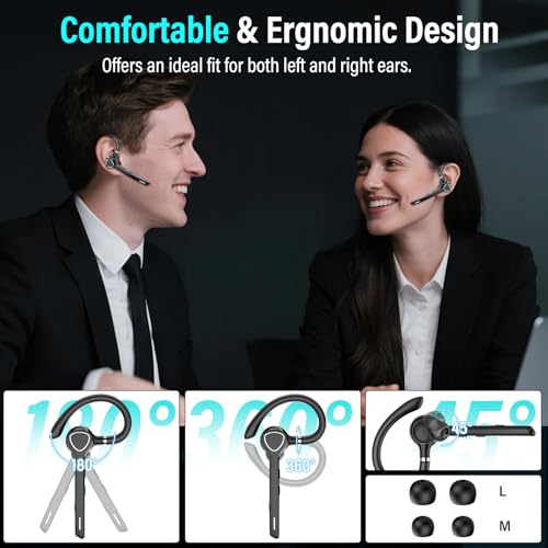 Bluetooth Headset with APTX HD Audio, Wireless Hands-Free Earpiece with CVC 8.0/ENC Dual Mic, Mute Button & Dual Device Connection, 90H Playtime Single-Ear Headphone for Trucker, Business, Black
