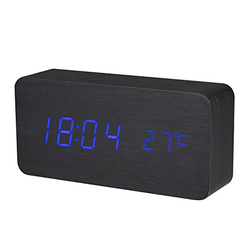 KABB Digital Clock, Wooden Alarm Clock, LED Desk Shelf Clock with Triple Alarms Calender Temperature Display and Voice Control Travel Clock for Office Home Decor (6 Inches)