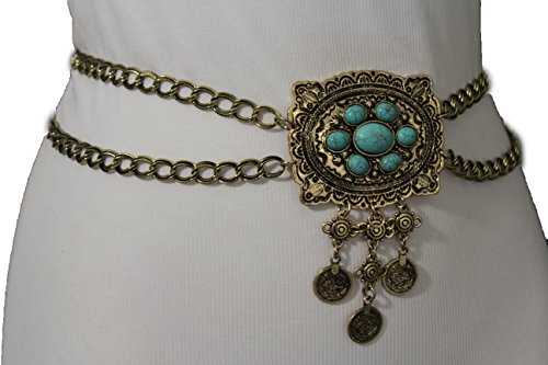 TFJ Women Fashion Metal Chain Belt Hip Waist Turquoise Blue Coins Gold Plus M L XL