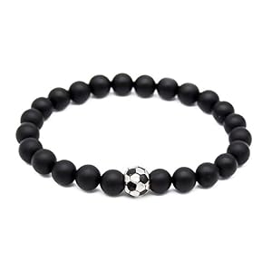 POSHFEEL Natural 8mm Black Matte Agate Stone Beaded Bracelet with Soccer Football Charm, 7.5”