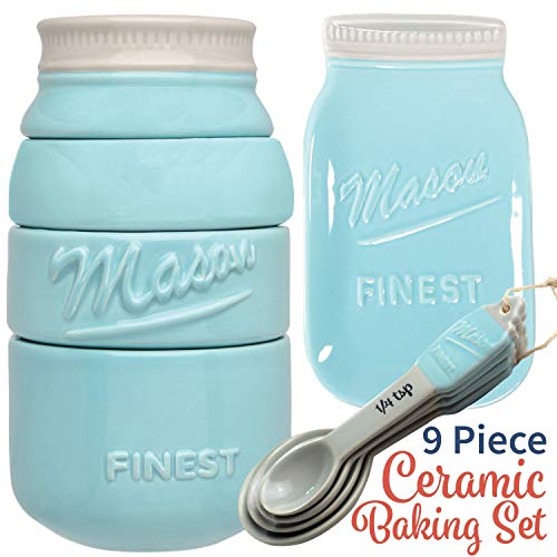 Mason Jar Kitchen Utensil Set - Includes Measuring Cups + Spoon Rest + Measuring Spoons (Blue)