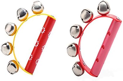 Zeavola Handheld Sleigh Bells with Wooden Grip, Red and Yelliw