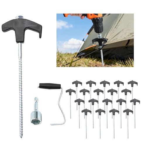 MZSX Pack of 20 Screw Pegs, Screw Tent Pegs, with Nut and Stake Puller, Steel, Robust and Strong, Rustproof, for Camping, Tents, Hiking & Outdoor, Hard Floor, Forest, Grass