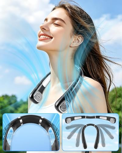 Neck Fan with Cooling - Quiet Neck Fan USB, Portable Neck Fan Lightweight, Rechargeable Neck Fan with Battery 4000 mAh, Small Neck Fans Strong 5 Levels Neck Cooler for Office, Travel, Sports